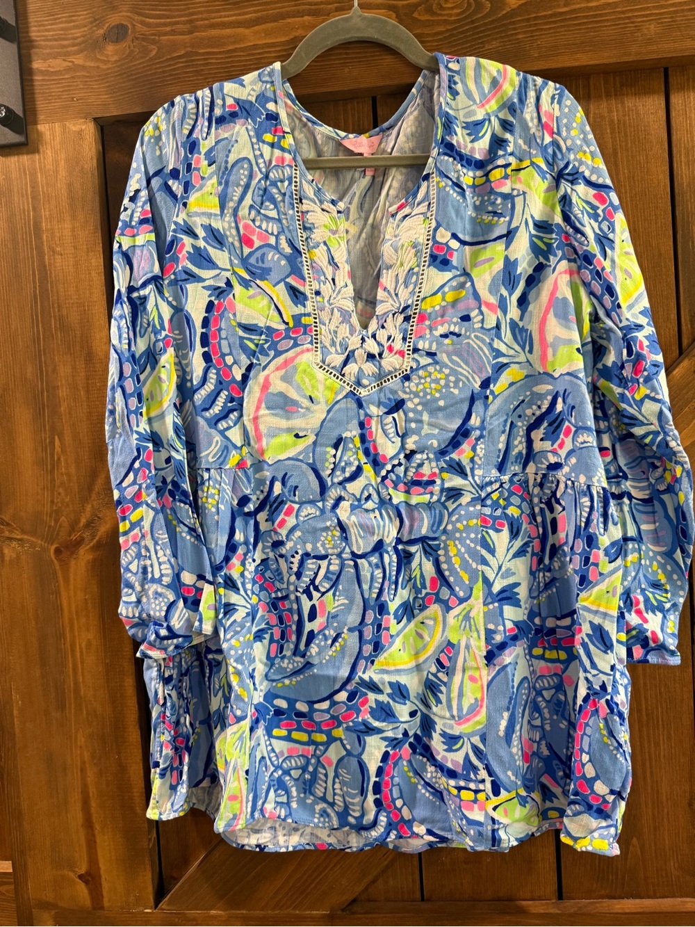 Lilly Pulitzer Blue Multicolor Floral Lace-Trim Tunic